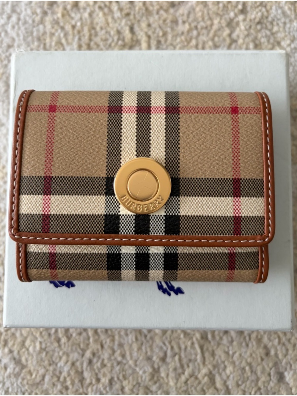 Burberry Check Trifold Wallet in Beige, Brown and Red Accents